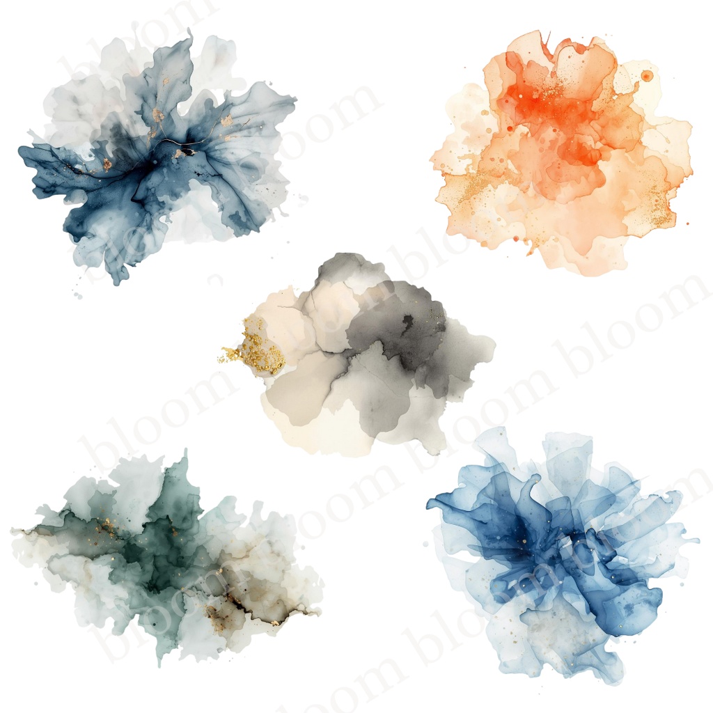 淡色・華やか抽象アルコールインク風*抽象ワンポイント素材 30点|背景透過PNG形式