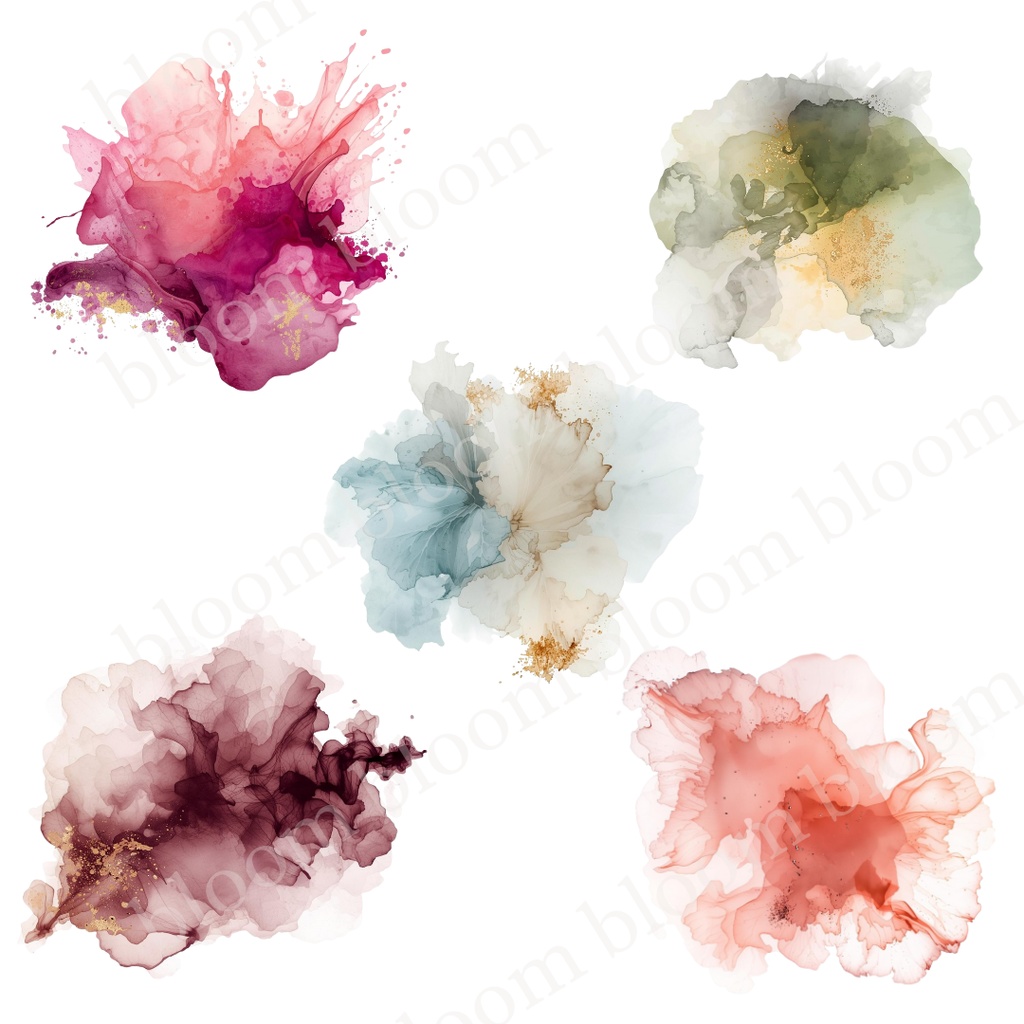 淡色・華やか抽象アルコールインク風*抽象ワンポイント素材 30点|背景透過PNG形式