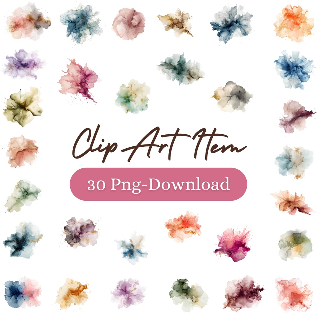 淡色・華やか抽象アルコールインク風*抽象ワンポイント素材 30点|背景透過PNG形式