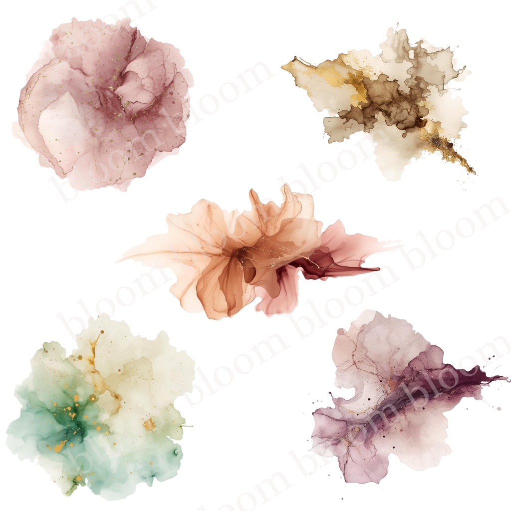 淡色・華やか抽象アルコールインク風*抽象ワンポイント素材 30点|背景透過PNG形式
