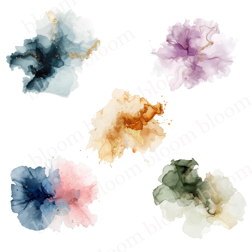 淡色・華やか抽象アルコールインク風*抽象ワンポイント素材 30点|背景透過PNG形式