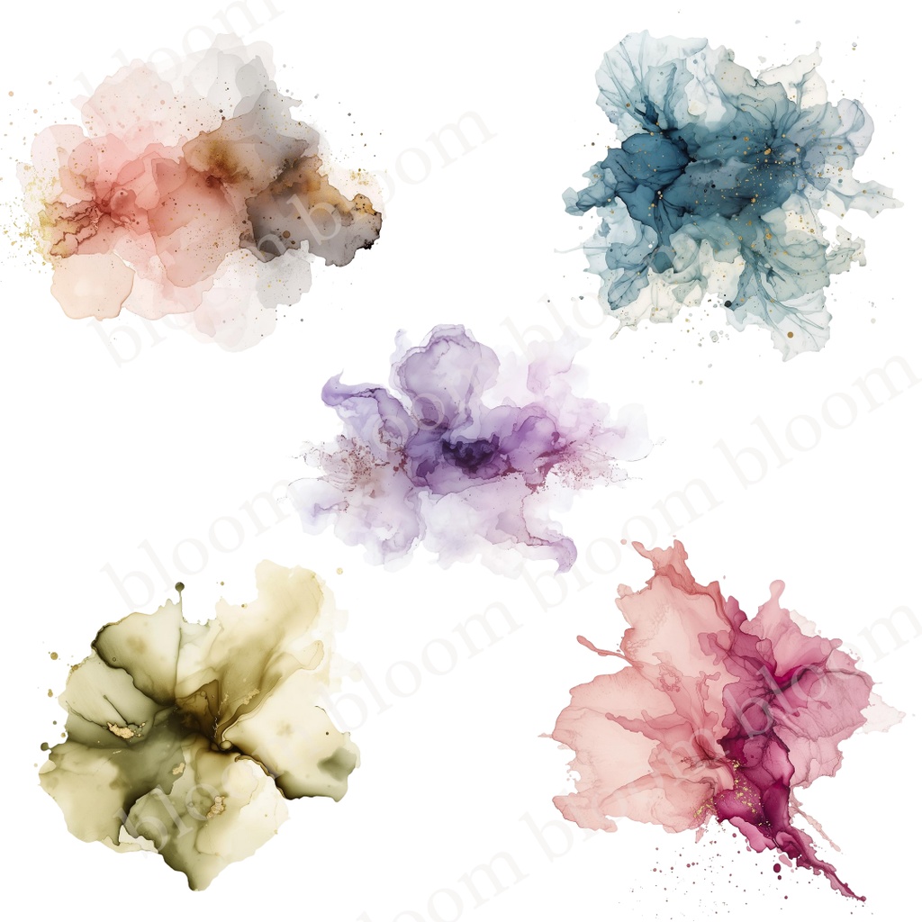 淡色・華やか抽象アルコールインク風*抽象ワンポイント素材 30点|背景透過PNG形式