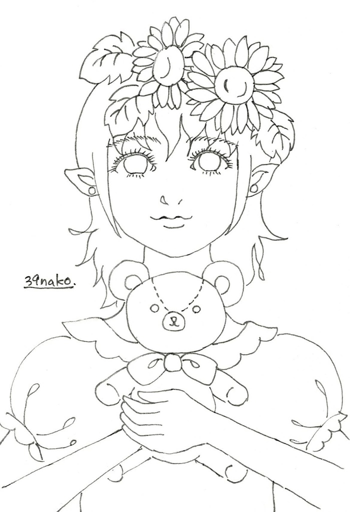 女の子とぬいぐるみ線画