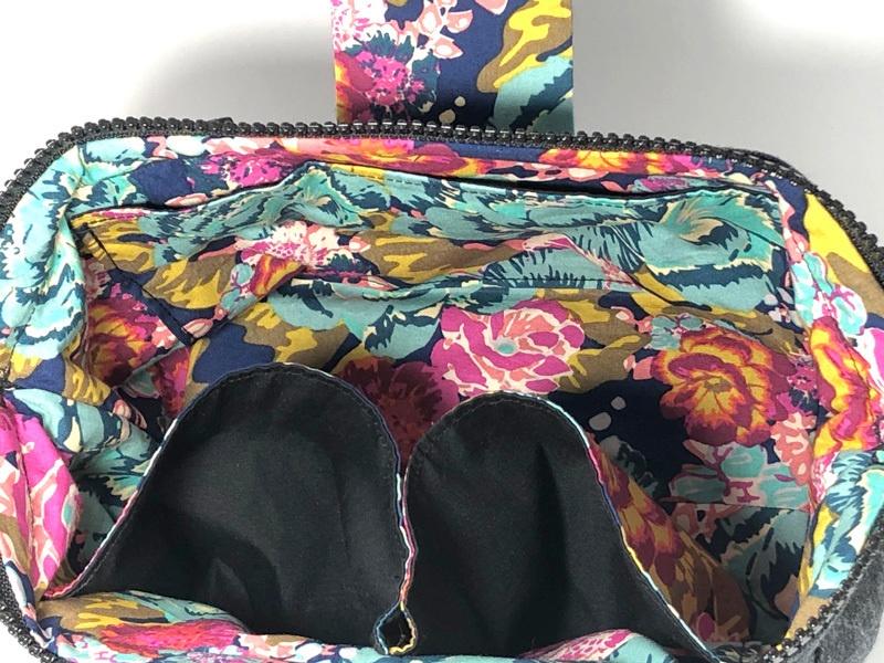 【会計ポーチ】グレー地ストライプ(青系花柄)