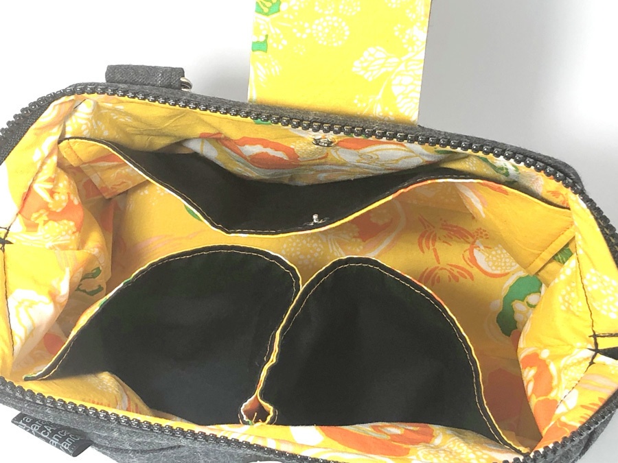 【会計ポーチ】グレーストライプver.02(黄花柄)