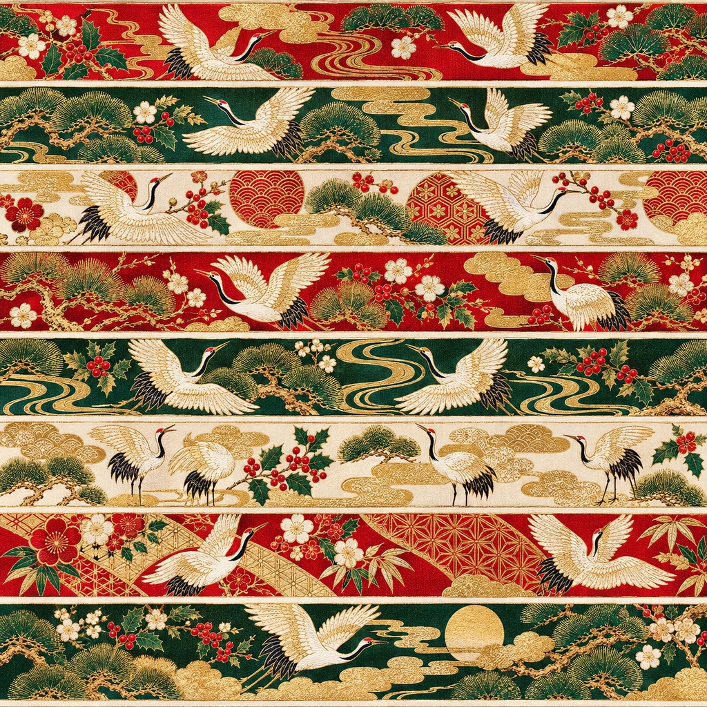 Japanese Christmas Digital Paper – Obi Patterns | 4 Designs, 24 Sheets / クリスマス和柄デジタルペーパー｜帯柄4種類・24枚セット