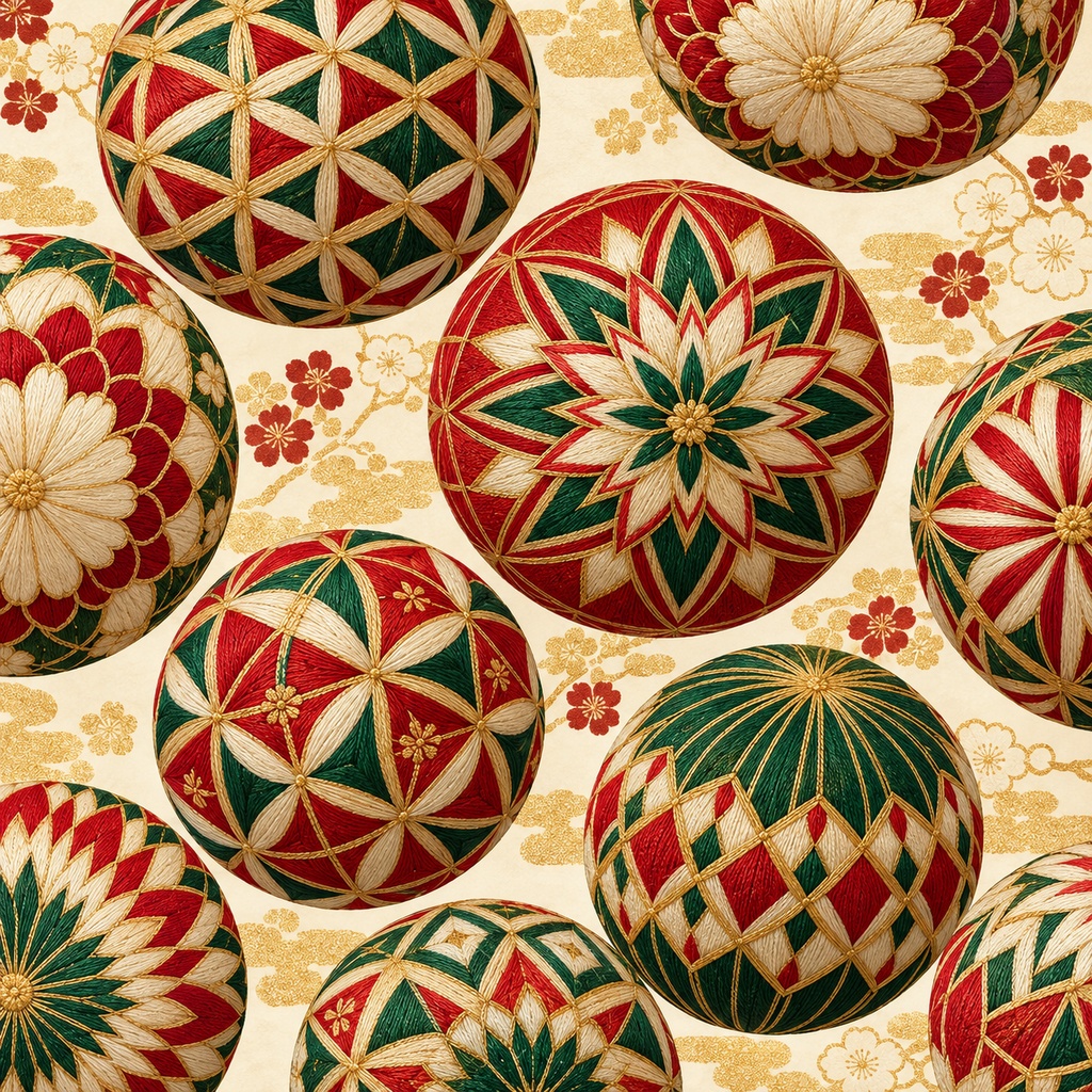 Japanese Christmas Digital Paper – Temari Ball Patterns | 4 Designs, 24 Sheets / クリスマス和柄デジタルペーパー|手毬4種類・24枚セット