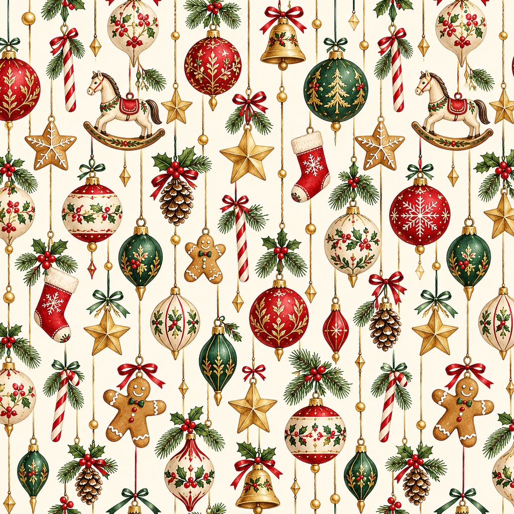 Christmas Ornament Digital Paper – 4 Designs, 24 Sheets / クリスマスオーナメント柄 デジタルペーパー 4柄・24枚セット