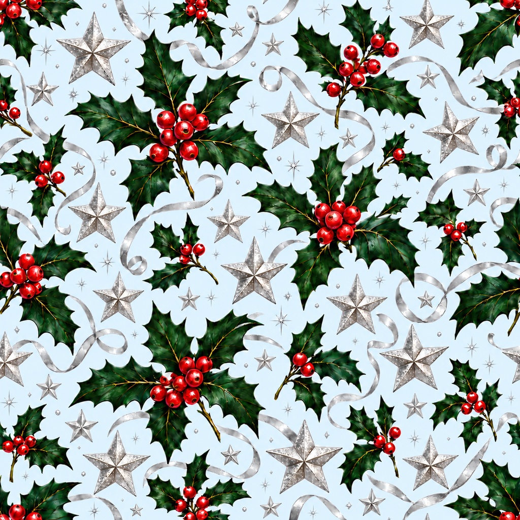 Christmas Digital Paper – Silver Holly & Ribbons | クリスマス用デジタルペーパー・銀色の星とリボン、柊柄