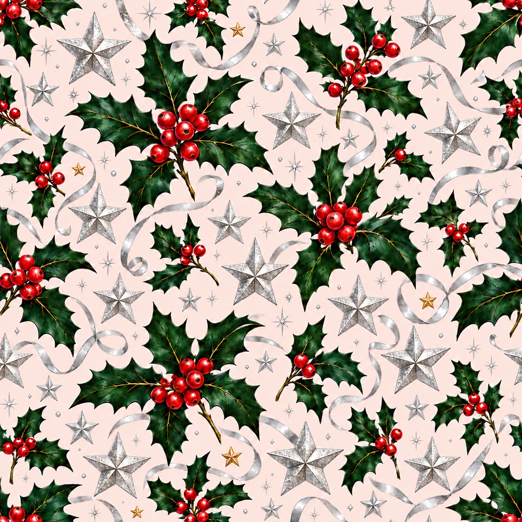 Christmas Digital Paper – Silver Holly & Ribbons | クリスマス用デジタルペーパー・銀色の星とリボン、柊柄