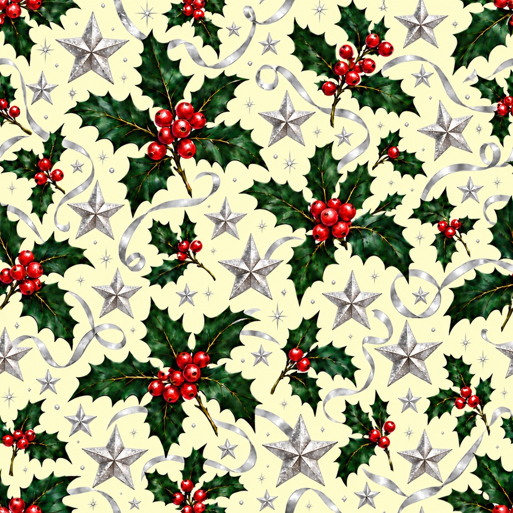 Christmas Digital Paper – Silver Holly & Ribbons | クリスマス用デジタルペーパー・銀色の星とリボン、柊柄