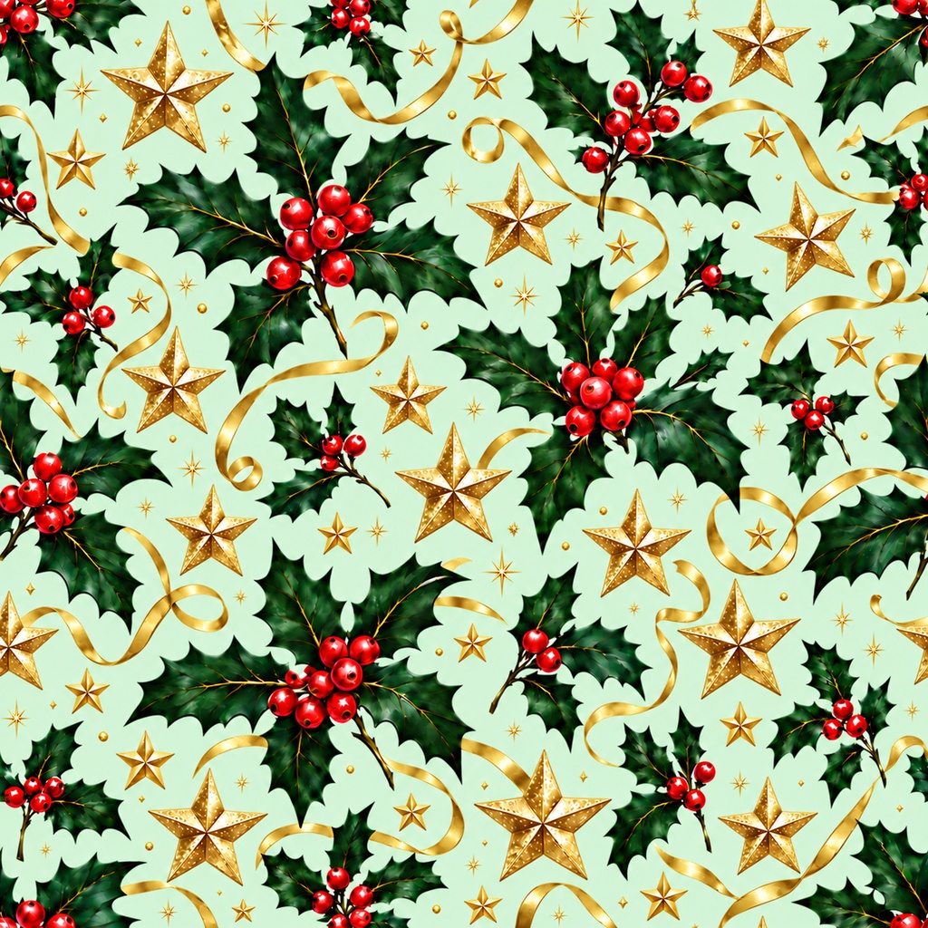 。Christmas Digital Paper – Gold Holly & Ribbons | クリスマス用デジタルペーパー・金色の星とリボン、柊柄
