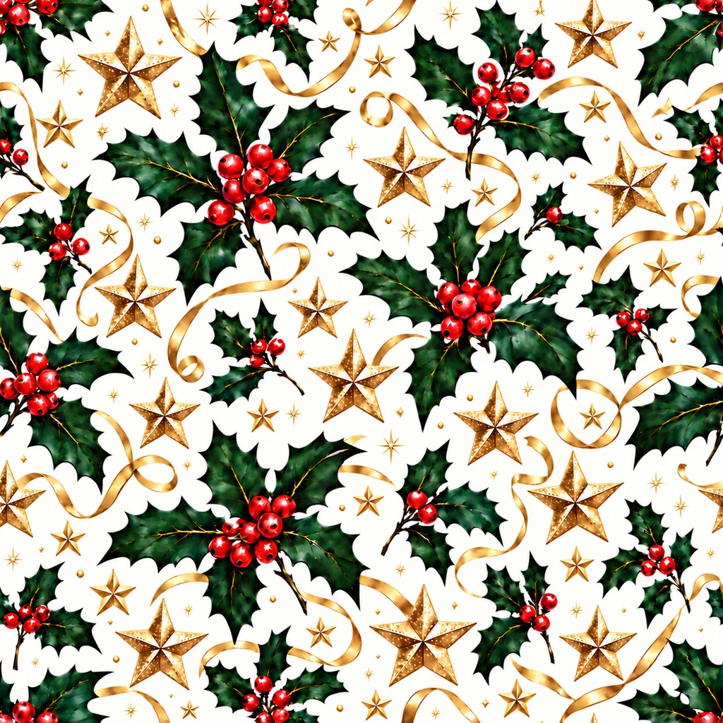 。Christmas Digital Paper – Gold Holly & Ribbons | クリスマス用デジタルペーパー・金色の星とリボン、柊柄