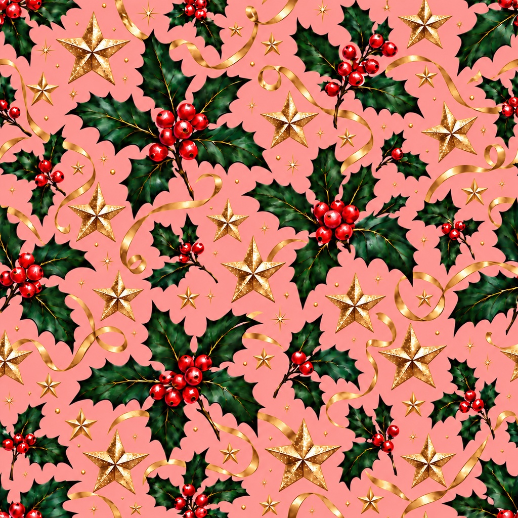 。Christmas Digital Paper – Gold Holly & Ribbons | クリスマス用デジタルペーパー・金色の星とリボン、柊柄