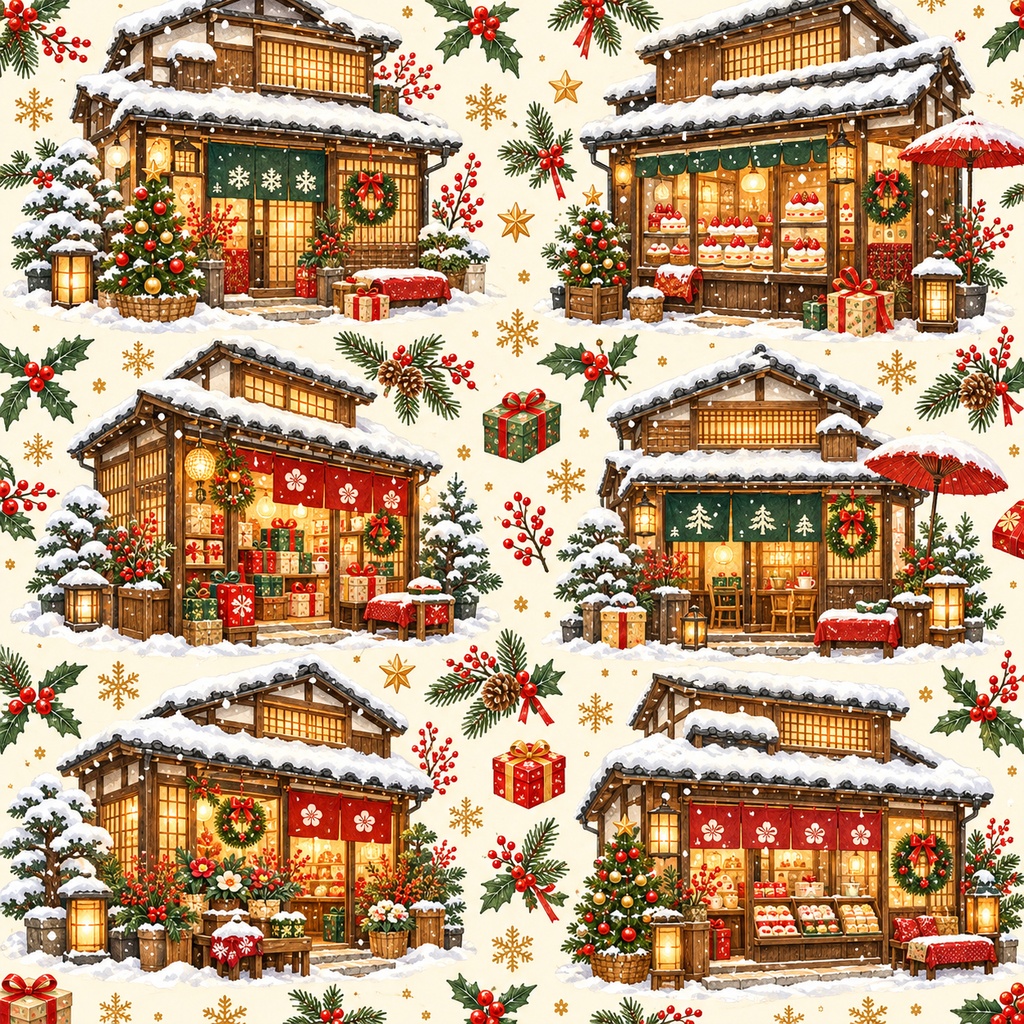 Japanese Christmas Wrapping Paper | Printable PDF, 30×30cm, 4 Designs | 日本のクリスマス ラッピングペーパー|30cm正方形・4柄セット