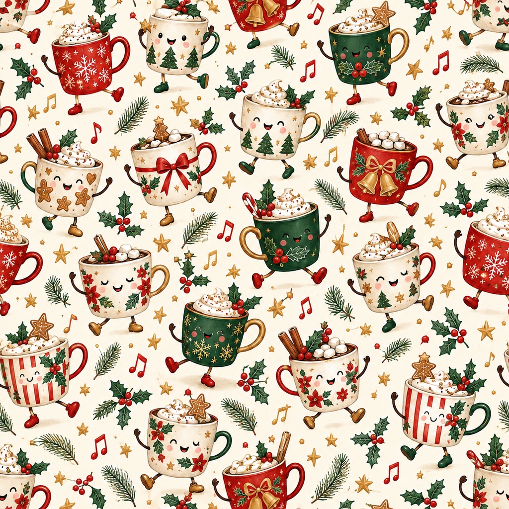 Christmas Wrapping Paper – Festive Moments | Printable PDF, 30×30cm, 4 Designs | クリスマス ラッピングペーパー｜マグカップ・雪のお店・シャンパン・お弁当｜30cm正方形・4柄セット
