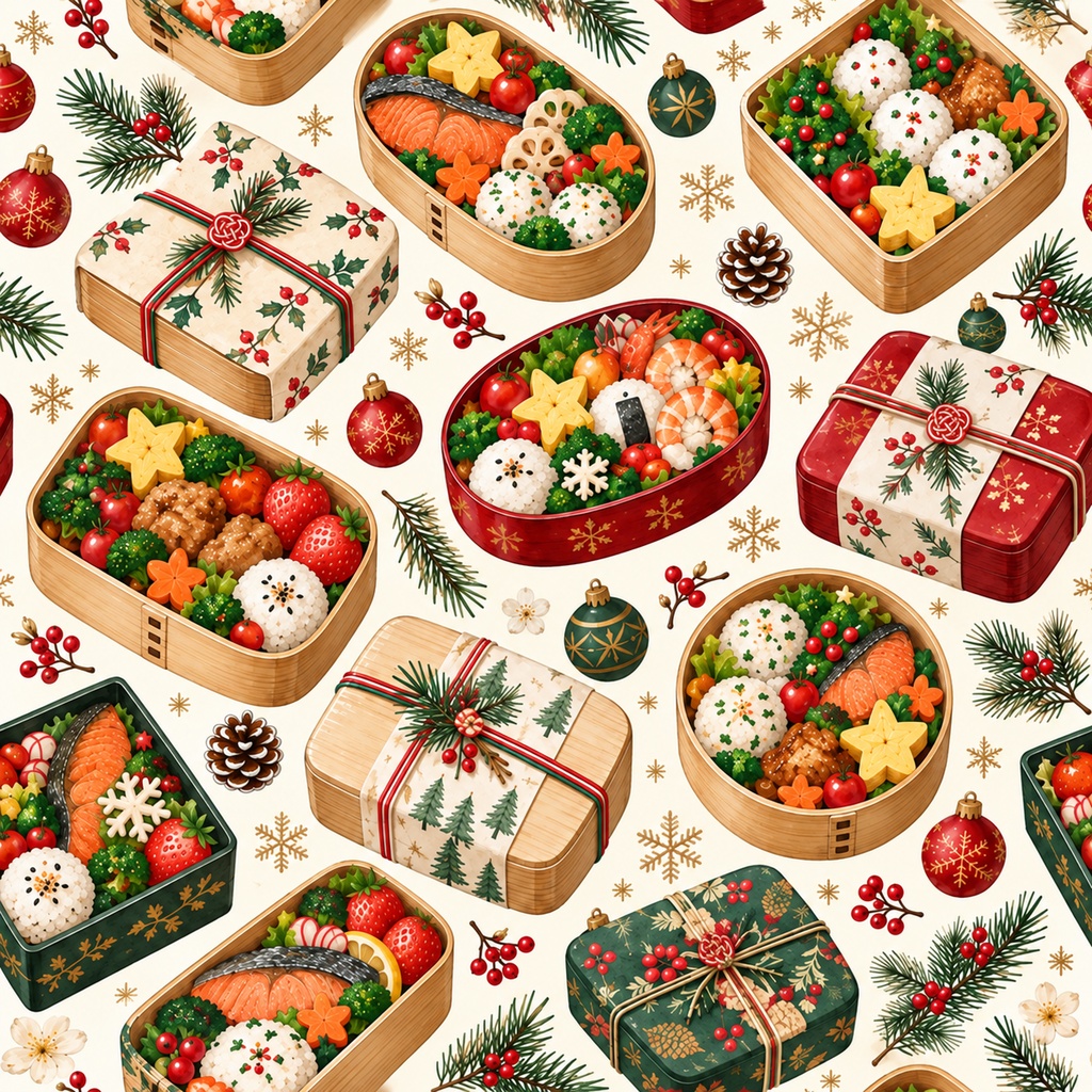 Christmas Wrapping Paper – Festive Moments | Printable PDF, 30×30cm, 4 Designs | クリスマス ラッピングペーパー|マグカップ・雪のお店・シャンパン・お弁当|30cm正方形・4柄セット