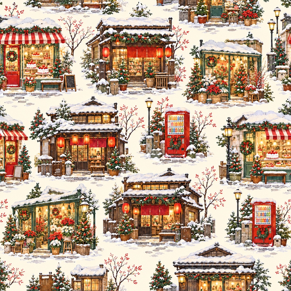 Christmas Wrapping Paper – Festive Moments | Printable PDF, 30×30cm, 4 Designs | クリスマス ラッピングペーパー|マグカップ・雪のお店・シャンパン・お弁当|30cm正方形・4柄セット
