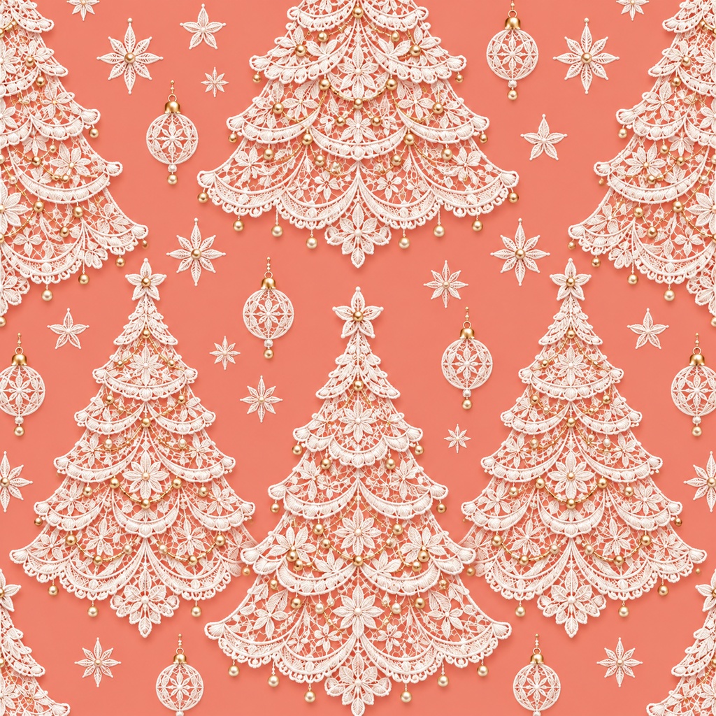 Christmas Lace Digital Paper Set 1 – Pink & Salmon, Snowflakes, Trees, Holly & Bells, 4 Designs, 30×30cm | クリスマスのレース柄①・ピンク&サーモン・4柄セット・30cm正方形