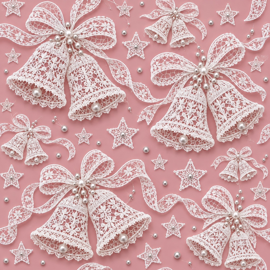 Christmas Lace Digital Paper Set 1 – Pink & Salmon, Snowflakes, Trees, Holly & Bells, 4 Designs, 30×30cm | クリスマスのレース柄①・ピンク&サーモン・4柄セット・30cm正方形
