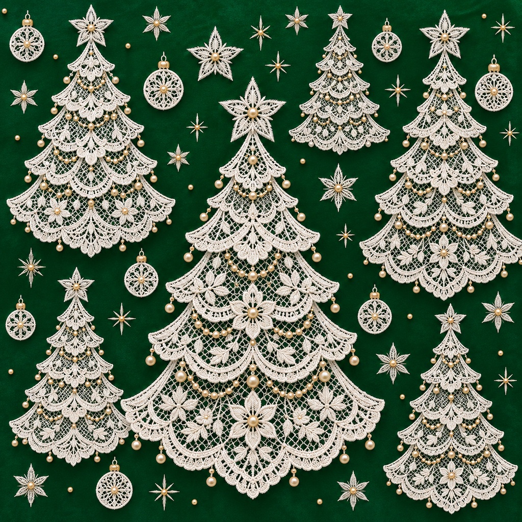 Christmas White Lace Paper Set 2 – Holly, Trees, Angels & Reindeer, 4 Designs, 30×30cm|クリスマスの白いレース②・ひいらぎ・ツリー・天使・トナカイ・4柄セット・30cm正方形デジタルペーパー