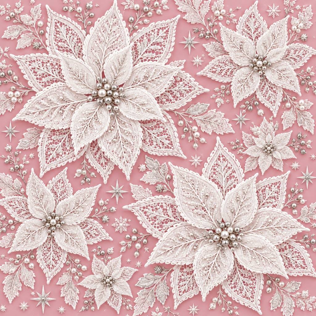 Christmas White Lace Digital Paper Set 3 – Bells, Poinsettias, Snowflakes & Ornaments, 4 Designs, 30×30cm|クリスマスの白いレース③・ベル・ポインセチア・雪の結晶・オーナメント・4柄セット・30cm正方形