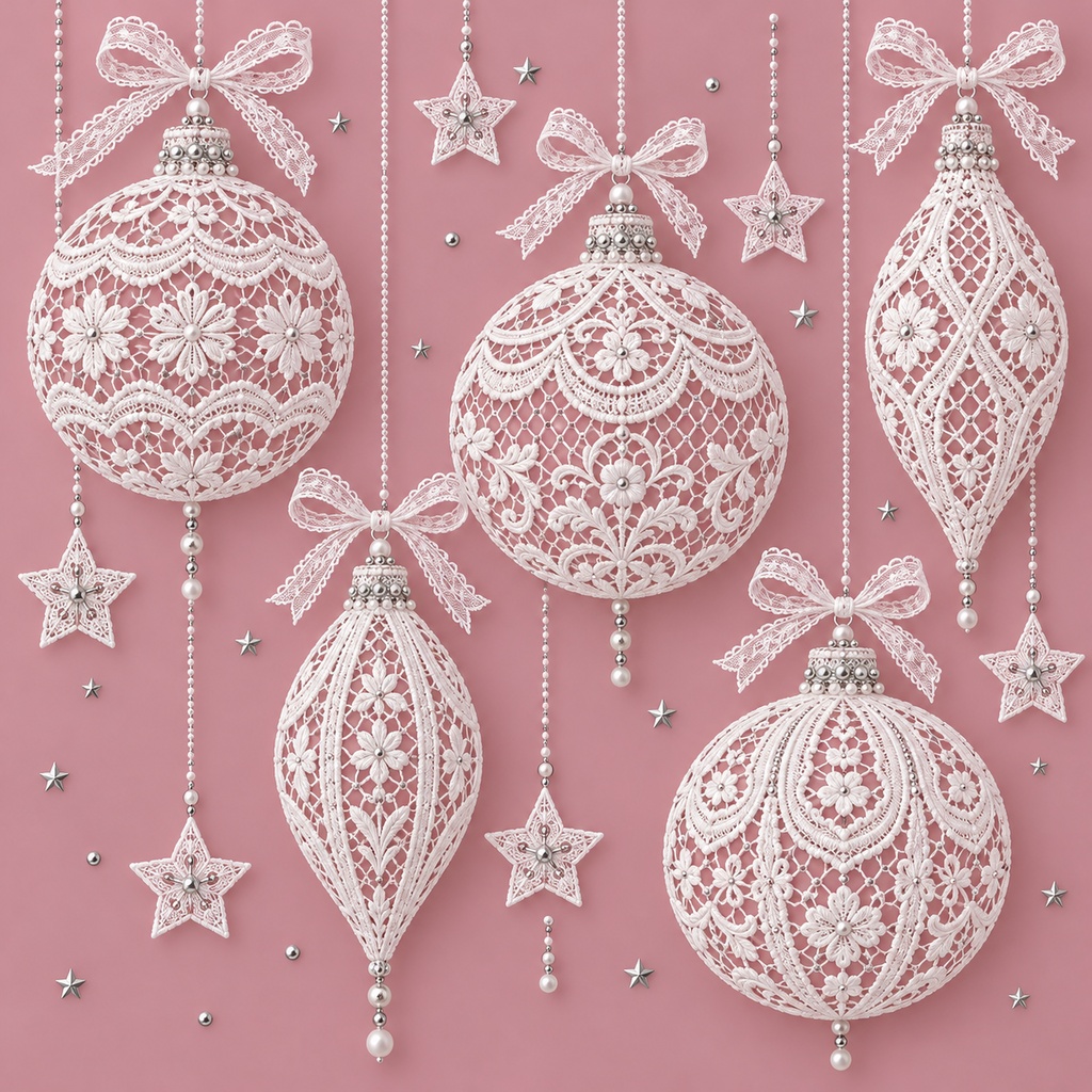 Christmas White Lace Digital Paper Set 4 – Snowflakes, Ornaments, Holly & Candles, 4 Designs, 30×30cm|クリスマスの白いレース④・雪の結晶・オーナメント・ひいらぎ・キャンドル・4柄セット・30cm正方形