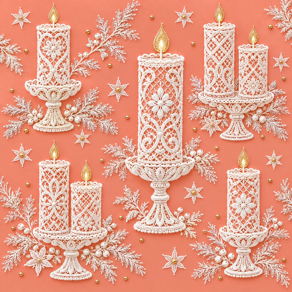 Christmas White Lace Digital Paper Set 4 – Snowflakes, Ornaments, Holly & Candles, 4 Designs, 30×30cm|クリスマスの白いレース④・雪の結晶・オーナメント・ひいらぎ・キャンドル・4柄セット・30cm正方形