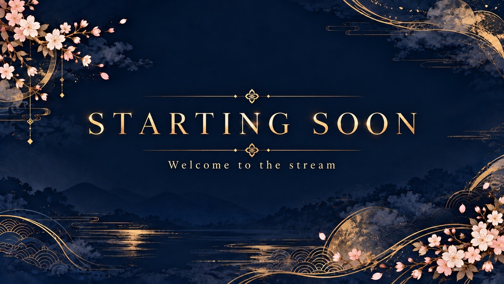 Sakura Navy & Gold Stream Background Set – 5 Screens, 1920×1080 PNG | 桜と紺・金の和風配信背景 5枚セット