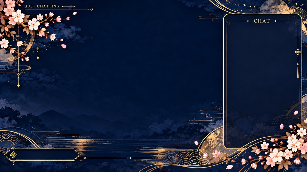 Sakura Navy & Gold Stream Background Set – 5 Screens, 1920×1080 PNG | 桜と紺・金の和風配信背景 5枚セット