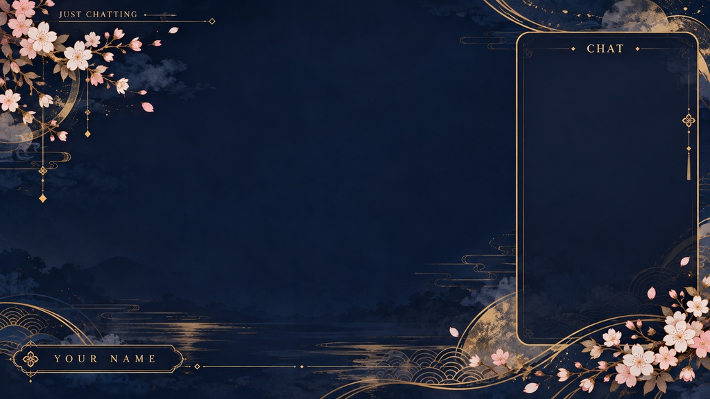 Sakura Navy & Gold Stream Background Set – 5 Screens, 1920×1080 PNG | 桜と紺・金の和風配信背景 5枚セット