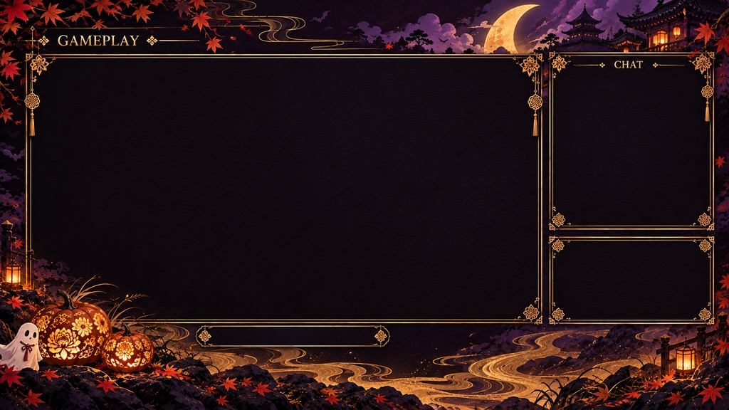Japanese Halloween Stream Background Set – Purple & Gold, 5 Screens | 和風ハロウィン配信背景 紫と金 5枚セット