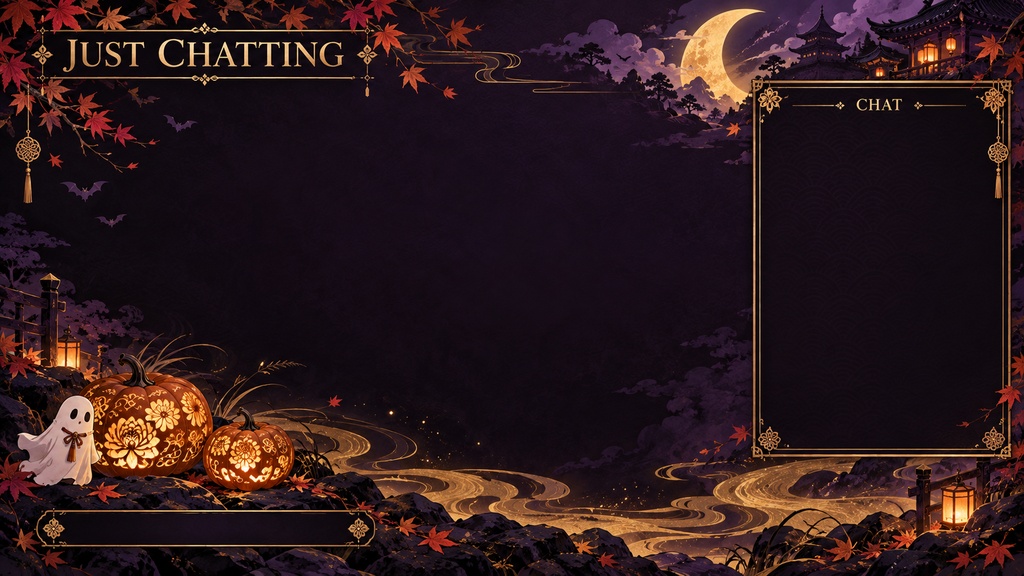 Japanese Halloween Stream Background Set – Purple & Gold, 5 Screens | 和風ハロウィン配信背景 紫と金 5枚セット