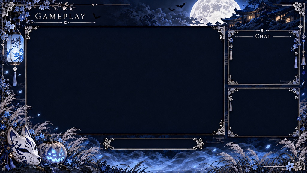 Halloween Stream Background Set – Japanese Style, Navy & Silver, 5 Screens | ハロウィン配信背景 和風・紺と銀 5枚セット