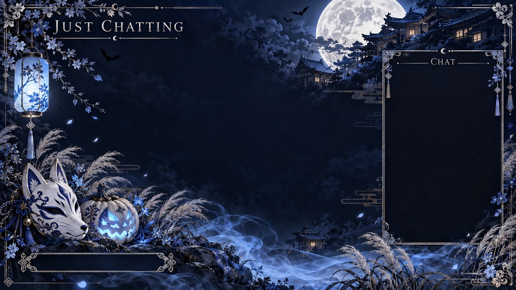 Halloween Stream Background Set – Japanese Style, Navy & Silver, 5 Screens | ハロウィン配信背景 和風・紺と銀 5枚セット