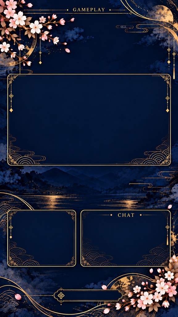 Japanese Sakura Mobile Stream Background Set – Navy & Gold, 5 Vertical Screens | 和柄・桜と金のスマホ縦型配信背景 5枚セット
