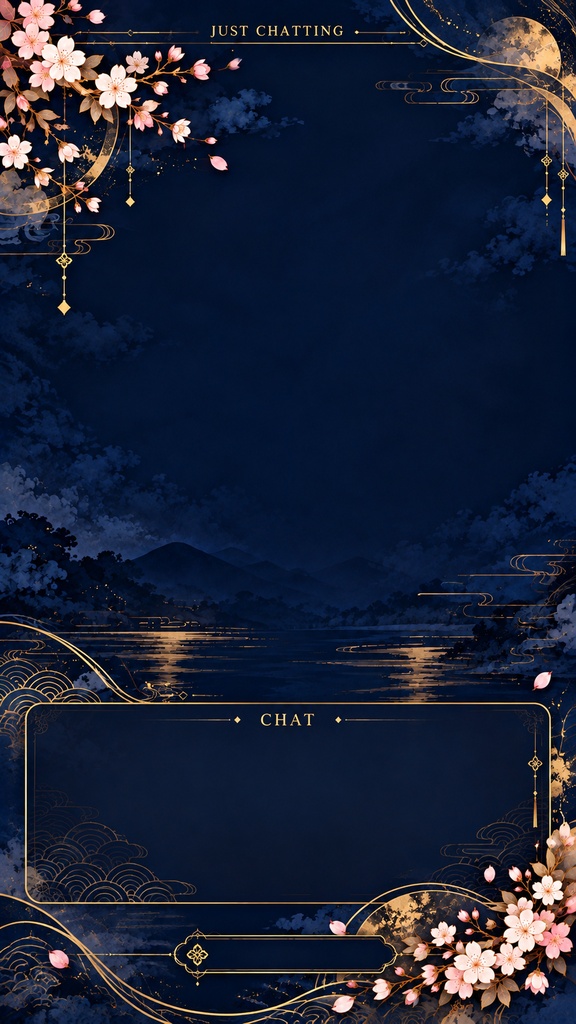 Japanese Sakura Mobile Stream Background Set – Navy & Gold, 5 Vertical Screens | 和柄・桜と金のスマホ縦型配信背景 5枚セット