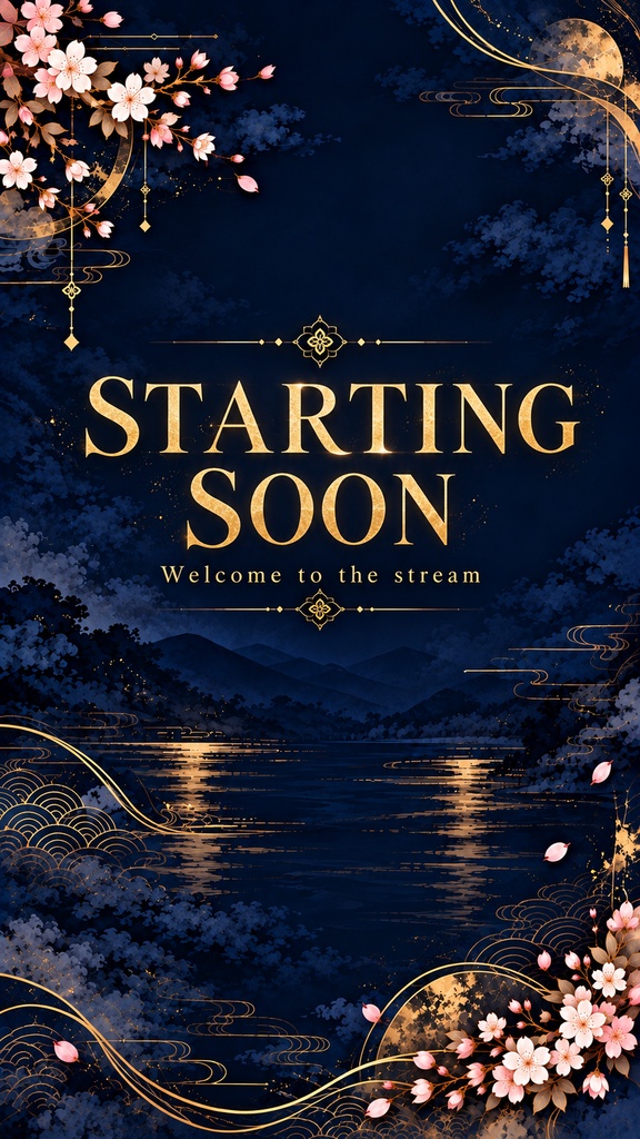 Japanese Sakura Mobile Stream Background Set – Navy & Gold, 5 Vertical Screens | 和柄・桜と金のスマホ縦型配信背景 5枚セット