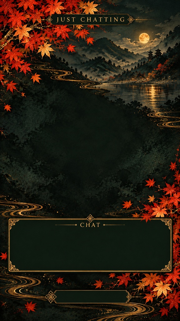 Japanese Maple Mobile Stream Background Set – Green & Gold, 5 Vertical Screens | 和柄・紅葉と金のスマホ縦型配信背景 5枚セット