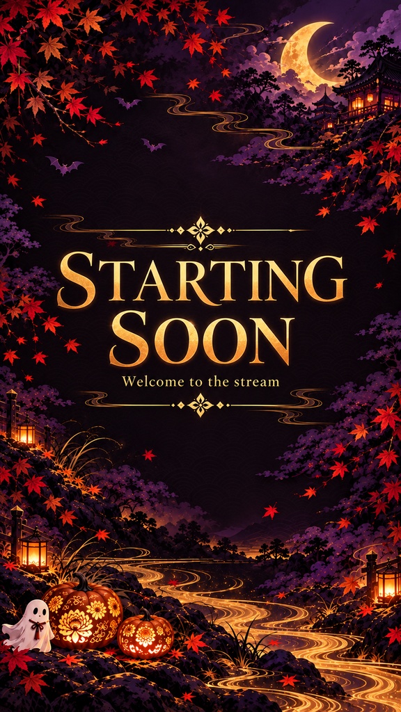 Halloween Mobile Stream Background Set – Japanese Style, Purple & Gold, 5 Screens | ハロウィン 和柄・紫と金のスマホ縦型配信背景 5枚セット