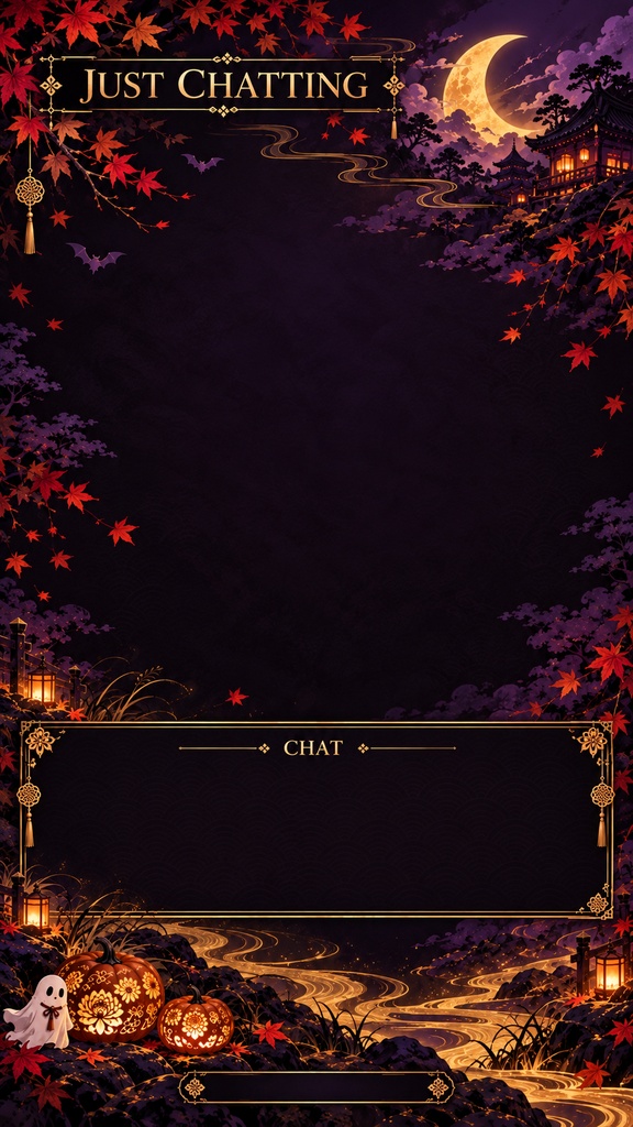 Halloween Mobile Stream Background Set – Japanese Style, Purple & Gold, 5 Screens | ハロウィン 和柄・紫と金のスマホ縦型配信背景 5枚セット