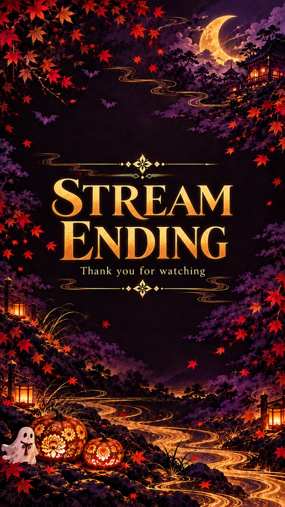 Halloween Mobile Stream Background Set – Japanese Style, Purple & Gold, 5 Screens | ハロウィン 和柄・紫と金のスマホ縦型配信背景 5枚セット