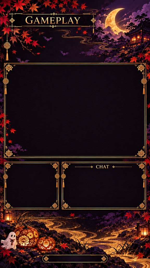 Halloween Mobile Stream Background Set – Japanese Style, Purple & Gold, 5 Screens | ハロウィン 和柄・紫と金のスマホ縦型配信背景 5枚セット