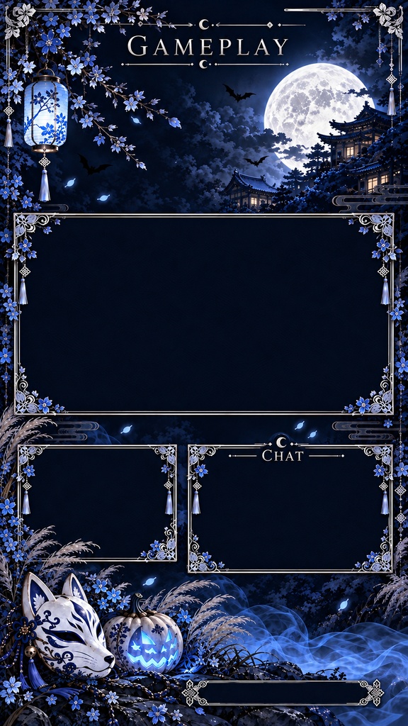 Halloween Mobile Stream Background Set – Japanese Style, Navy & Silver, 5 Screens | ハロウィン 和柄・紺と銀のスマホ縦型配信背景 5枚セット