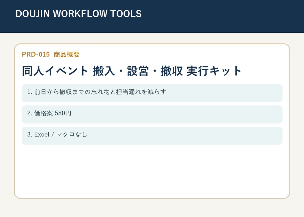 【XLSX】同人イベント 搬入・設営・撤収 実行キット｜持ち物・担当管理