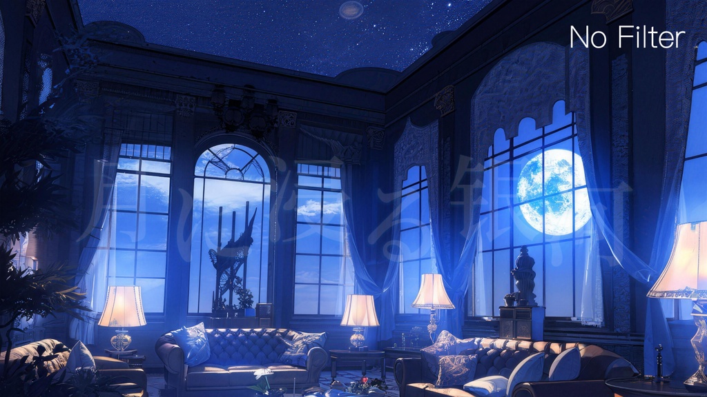 背景素材·月に浸る银河·夜の銀河リビング・配信背景・VTS&Shoost フィルター