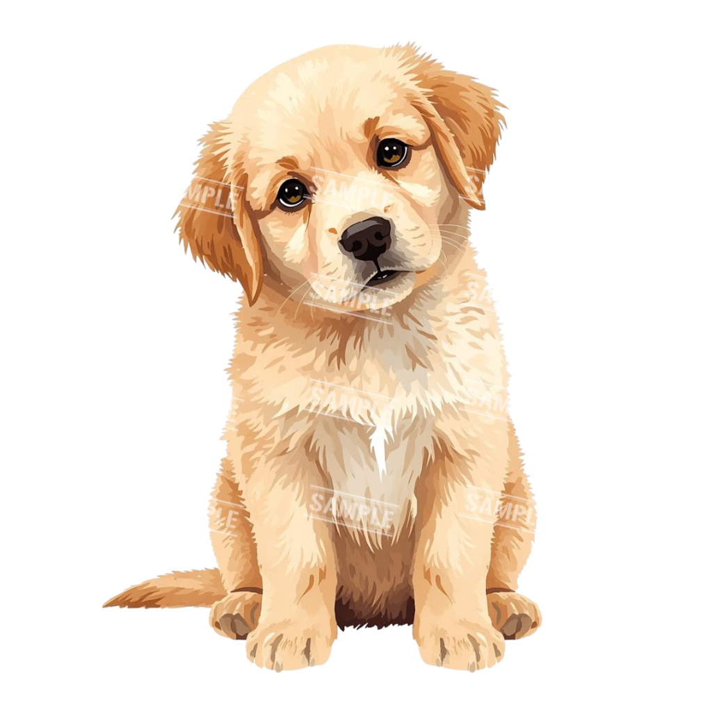 『Golden Retriver puppy(ゴールデンレトリバーの子犬)』 水彩画風 背景透過PNG素材 21点セット