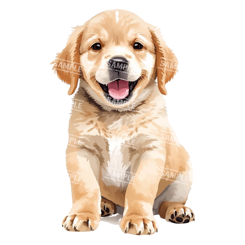 『Golden Retriver puppy(ゴールデンレトリバーの子犬)』 水彩画風 背景透過PNG素材 21点セット