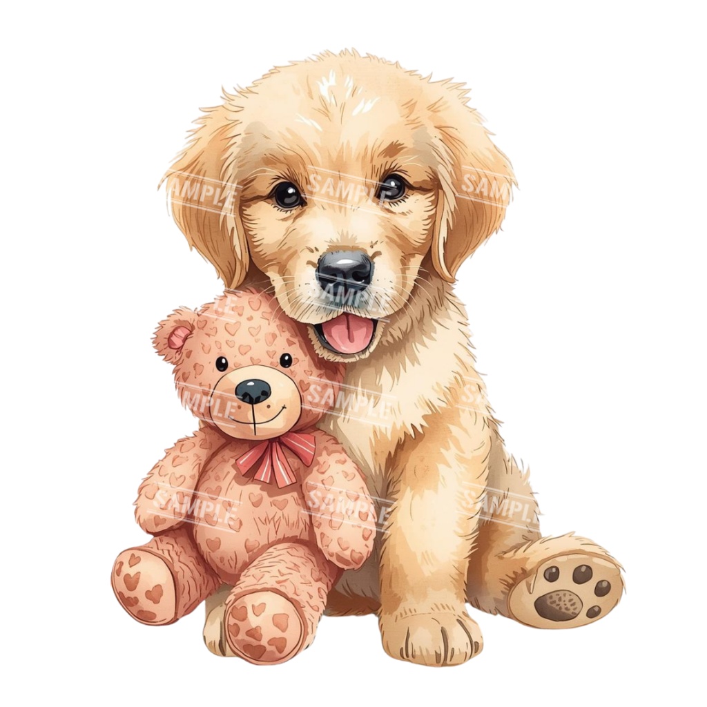 『Golden Retriver puppy(ゴールデンレトリバーの子犬)』 水彩画風 背景透過PNG素材 21点セット