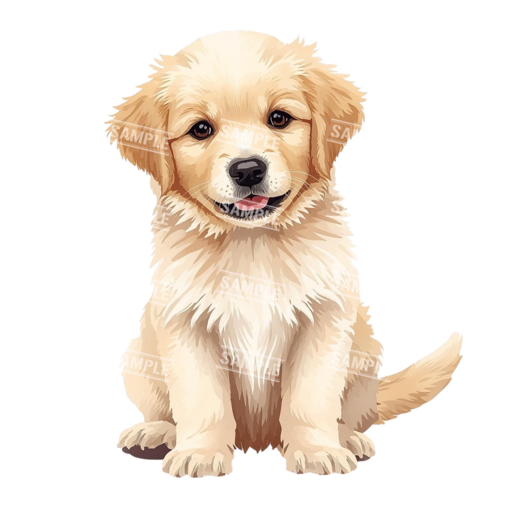『Golden Retriver puppy(ゴールデンレトリバーの子犬)』 水彩画風 背景透過PNG素材 21点セット